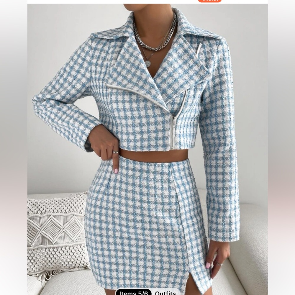SHEIN Blue plaid mini skirt suit with cropped jacket